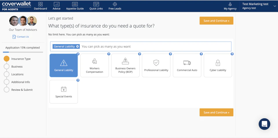 screenshot of CoverWallet for Agents
